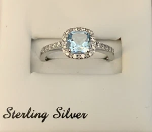 Cushion Cut Sky Blue Topaz & Cubic Zirconia Halo Ring 925 Sterling Silver Size 8 - Picture 1 of 7