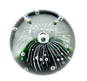 Large Fireworks Deep Green & Clear Bubble Glass Paperweight, 3" x 3.5" diameter - Picture 1 of 11