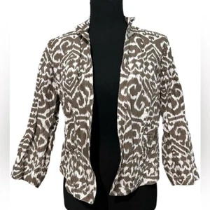 Chico's open front 3/4 sleeve blazer jacket Cream brown shape print Size Small - Picture 1 of 8