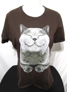 Gray Smiling Kitty Cat Brown Crew Neck T Shirt Women Sz XL - Picture 1 of 8
