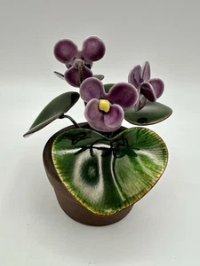 BOVANO OF CHESHIRE Flowerpot Sculpture Enamel on Copper Purple Violet Flower 4” - Picture 1 of 9