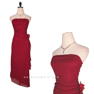Vintage Prom Dress Maxi Gown M Red Y2K Strapless Mesh Ruffle Fairy Glam Stretch - Image 1 of 4