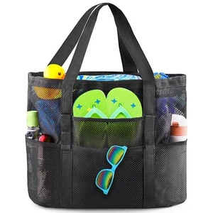 Beach Bag Large Mesh Beach Bag Lightweight Beach Tote with 9 Pockets Foldable Be - Picture 1 of 7