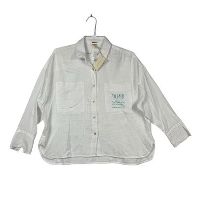 Magaschoni 纽扣女式衬衫,带领和前口袋,海滩 M 码 — 第 1/4 张图片