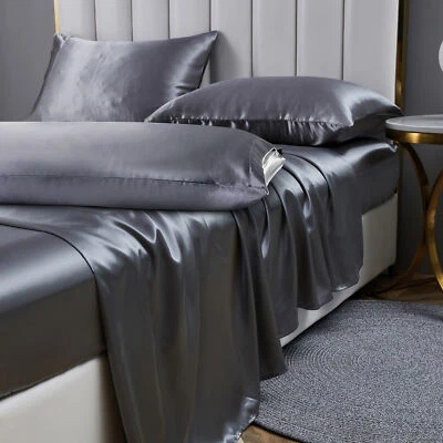Juego de sábanas de satén de 5 piezas/7 piezas con funda de almohada larga imitación seda sábanas suaves de enfriamiento Foto 1 de 4
