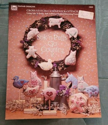 STIK N' PUFFS GO COUNTRY 2 CAT DUCK PIG CHICK CROSS STITCH PATTERN FREE SHIPPING - Image 1 of 2