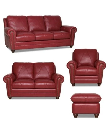 New Italian Leather Living "Mateo" Cherry Red Leather Sofa Love Chair Ottoman - Image 1 of 4
