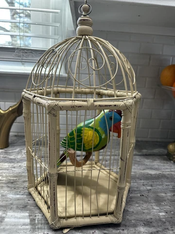 Vintage Decorative Bamboo and iron bird house with Hand Painted wood Parrot Cover