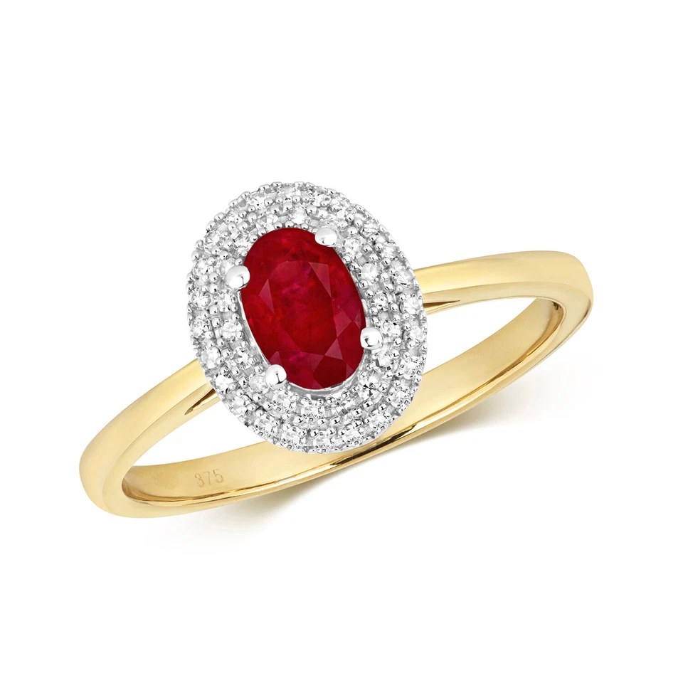 Bague Solitaire Pavage Or Jaune 9 k/carat et Diamant 0.14 Carat avec Rubis - Photo 1/1