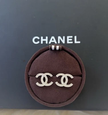 Brand New Authentic Classic Chanel CC Logo Crystal Sliver - Tone Stud Earrings - Image 1 of 4