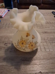 Fenton Custard Satin Yellow 7 Inch Vase Signed Hand Painted! Lots Of Pics! - Picture 1 of 11