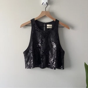 Anthropologie Pins and Needles Black Sequin Crop Tank Top sleeveless cropped NWT - Picture 1 of 11
