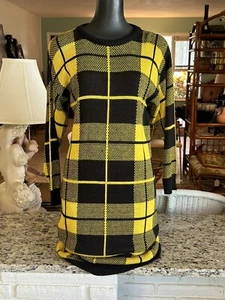 Vintage 80s 90s Wiz Halmode Co. Bright Yellow Black Plaid Sweater Dress M Club - Picture 1 of 22