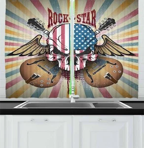 Rock Guitar Kitchen Curtains 2 Panel Set Window Drapes 55" X 39" by Ambesonne - Picture 1 of 27