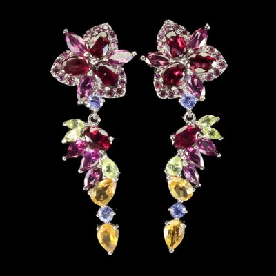 Summer 925 Silver Earrings Oval Rhodolite Garnet Peridot Natural Gemstone Jewe - image 1 of 4