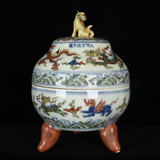 China Old Hand painting Blue white colorful cloud dragon animal incense burners