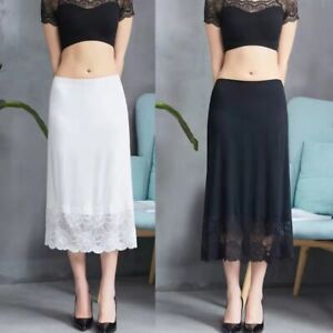 Lady Half Slip Extender Skirt Half Slip Midi Lace Trim Underskirt Petticoat 72cm