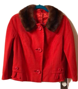 Vintage RARE ABC MODEL Red Wool cropped coat with fur trim collar, size S/M - Picture 1 of 10