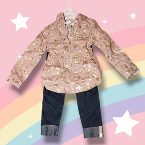 Little Lass Girls Pink Jacket Outfit 6X Pants Shirt Coat Gold Butterflies - Picture 1 of 12