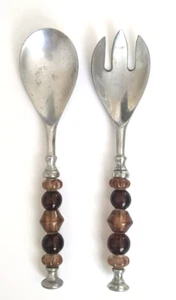 Vintage Serving Stainless Steel Set Spoon Fork Decorative Beaded Handles 11"Long - Picture 1 of 8