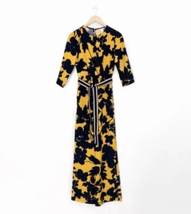 H&M Wide Leg Floral Jumpsuit Sz 4 Yellow Blue Crepe Belted Pockets Polyester - Picture 1 of 10