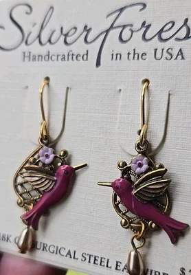Pendientes colgantes en capas de lágrima filigrana colibrí rosa bosque plata 18kt GP Foto 1 de 4
