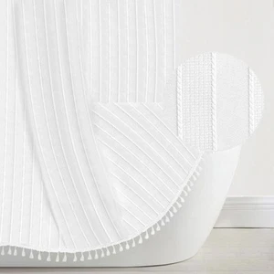 White Fabric Shower Curtain Boho Chic Striped Textured Tassel Shower Curtains... - Picture 1 of 5