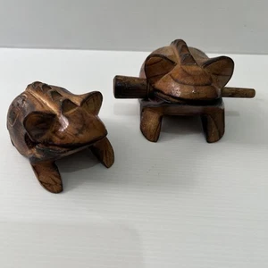 Wooden Frog Guiro Percussion Croaking Instrument Handmade 2 Frogs - Picture 1 of 15