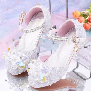Kids Girls Elsa Pearl Elegant Princess Shoes Sequin Rhinestone Low Heel Shoes UK - Picture 1 of 23