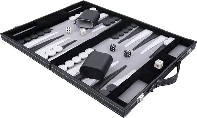 15" BACKGAMMON SET INLAID GREY VELVET TRAVEL CASE & GAME DOUBLING DICE - Image 1 of 4