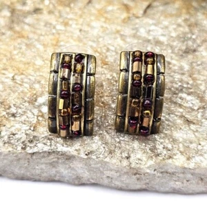 NWT 00's Coldwater Creek Earrings Pierced Beaded Huggie Stud Brass Tone Edging - Picture 1 of 8