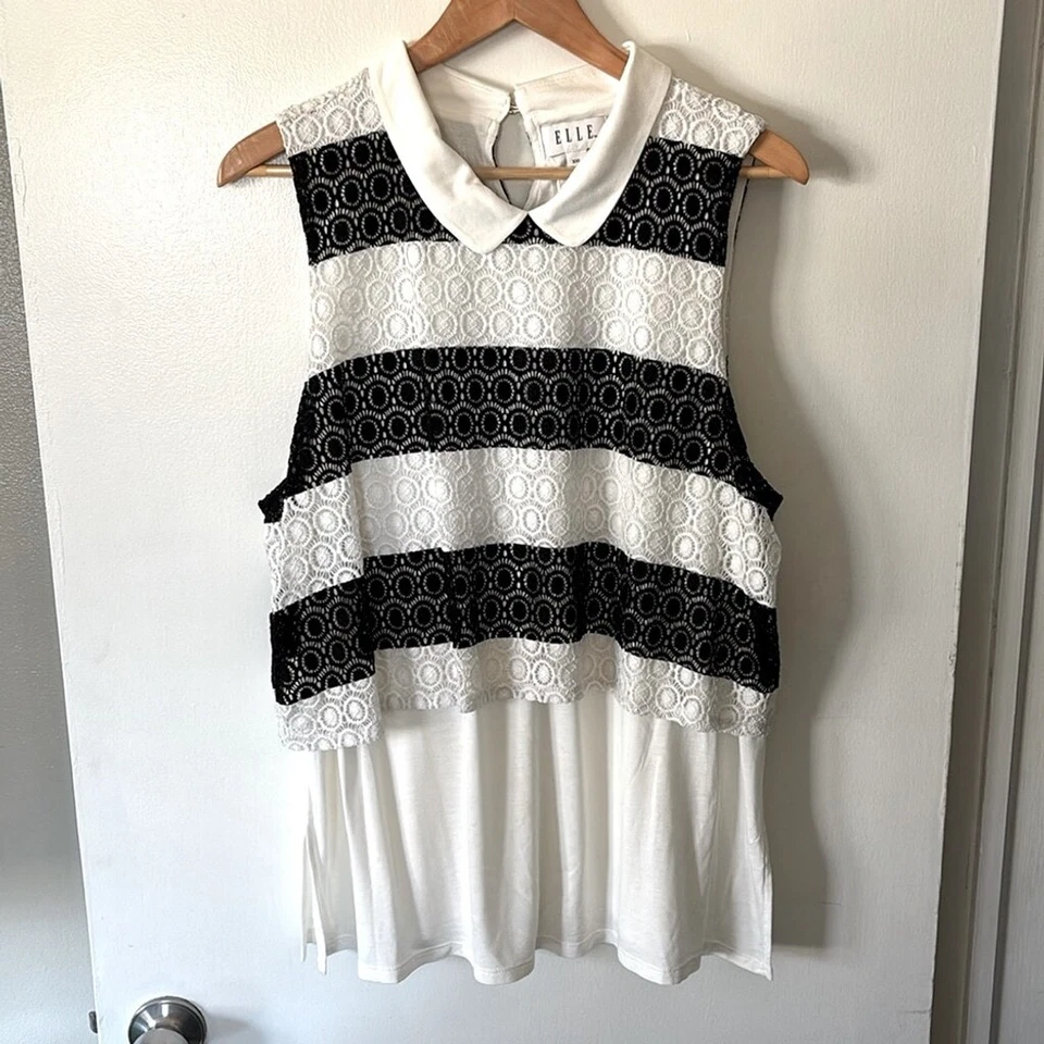 Elle size XXL black and white striped lace layered collared sleeveless tank top - Image 1 of 4