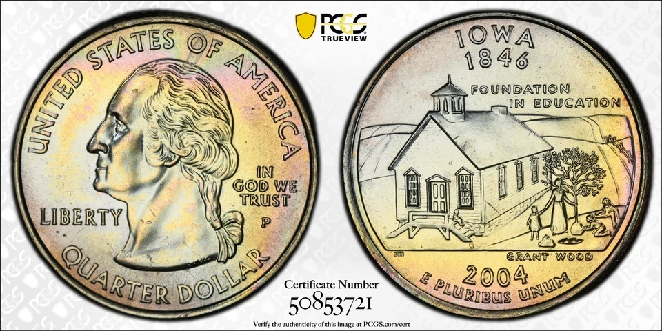 MS66 2004-P 25C Washington Iowa State Quarter, PCGS Trueview- Rainbow Toned - Image 1 of 4