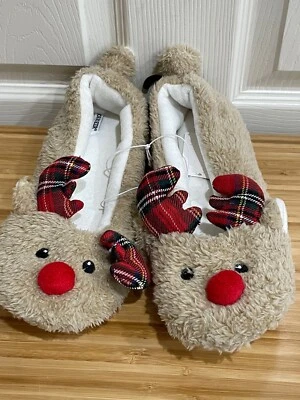 New Womens Joe Boxer Beige Plush Christmas Reindeer Slippers Antlers Large 11/12 - Image 1 of 4