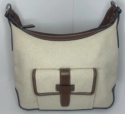 Stone Mountain Beige Lona Hobo Bolso de Hombro Bolso Marrón Borde Forro Rojo Foto 1 de 4