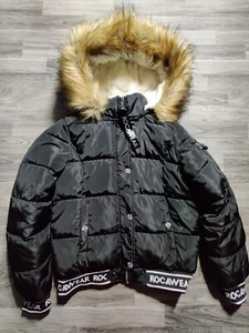 Rocawear Puffer Jacket Winter Fur Hood Black Y2K Style Women's Size Medium - Picture 1 of 16