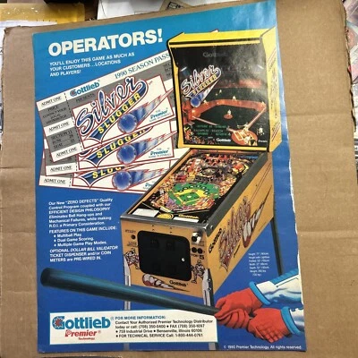 Giant Original 13-10" 1990 Silver Slugger Gottlieb Arcade game  AD FLYER Pinball - Image 1 of 3