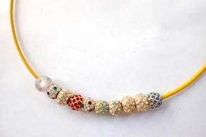 Yellow Leather Cord Necklace 14K Gold Clasp Mexico & 10 Rhinestone Beads Charms - Picture 1 of 6