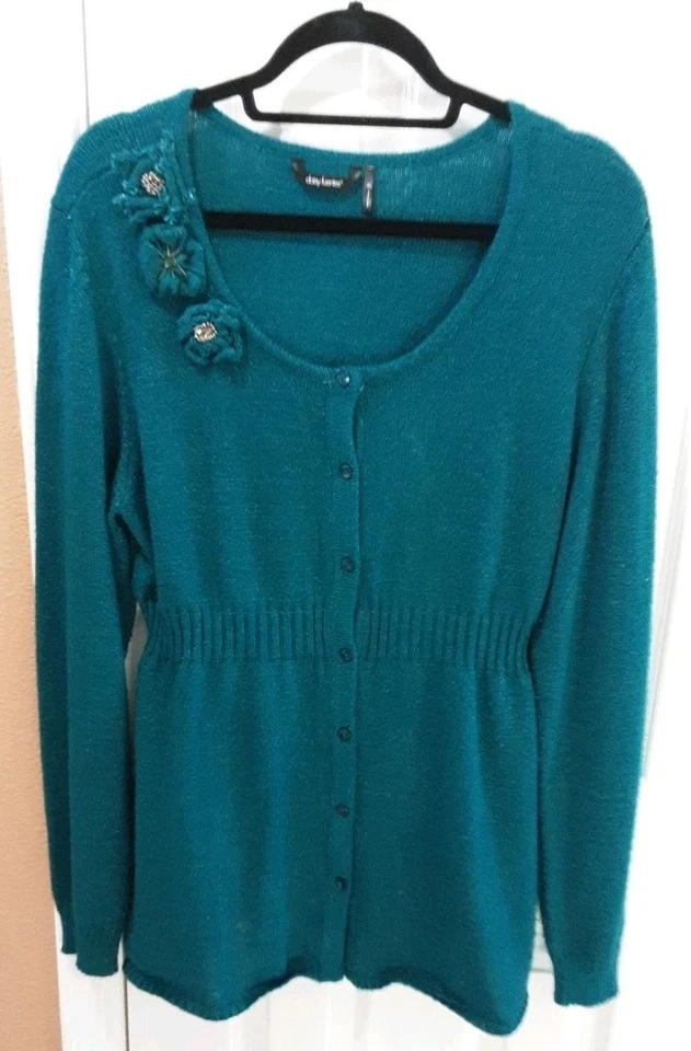  Long sleeve cardigan sweater blue green rhinestone holiday XL Daisy Fuentes  - Image 1 of 4