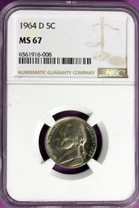 1964 - D NGC MS67 JEFFERSON NICKEL #B34646 - Picture 1 of 2