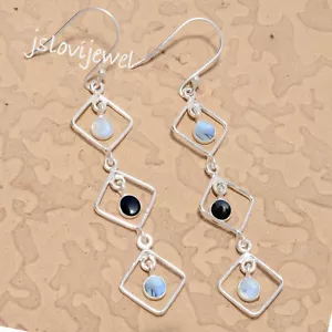 Moonstone & Black Onyx Gemstone 925 Sterling Silver Earring Party Wear Jewelry - Picture 1 of 5