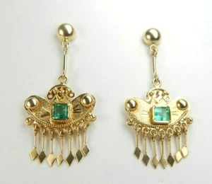 Colombian Emerald Earrings .46 Cts 18K Yellow Gold Pre-Colombian Style Jewelry M - Picture 1 of 12