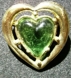 Gold-Tone Heart Shaped Brooch with Green Center - Picture 1 of 2