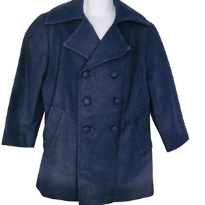 Vintage Boys Peacoat Coat S Navy Blue Wool - Picture 1 of 7