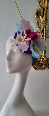 Casque Couture Baroque Purple Pink  Blue Floral Hat Fascinator Made In England - Image 1 of 4