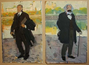 pair Ukrainian Soviet Oil Paintings impressionism Marx Lenin propaganda  - Picture 1 of 7