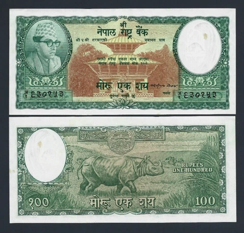 Nepal 100 MOHRU P-11 1961 Indian Rhino UNC w/tone LALITPUR PATAN TEMPLE Nepalese Cover