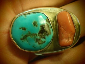Heavy Sterling Silver Turquoise Coral Ring size 10.25 - Picture 1 of 4