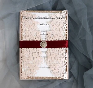 50Pcs Luxury Light Pink Lace Laser Cut Wedding Invitations Cards Cover Envelopes - Picture 1 of 10