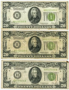FR #2052H $20 1928B (3) Federal Reserve Notes St Louis Gold Clause DC-6327 - Picture 1 of 3